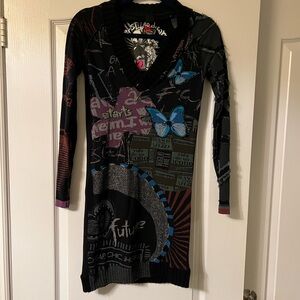 Desigual Black Dress with Blue and Pink Butterfly Design